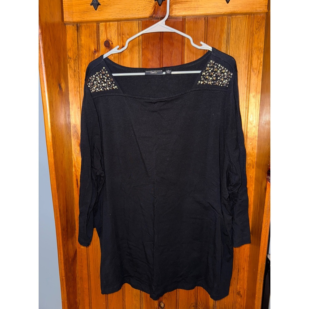 Susan Graver Artisan 2X Top Embellished Studded Black 3/4 Sleeve‎